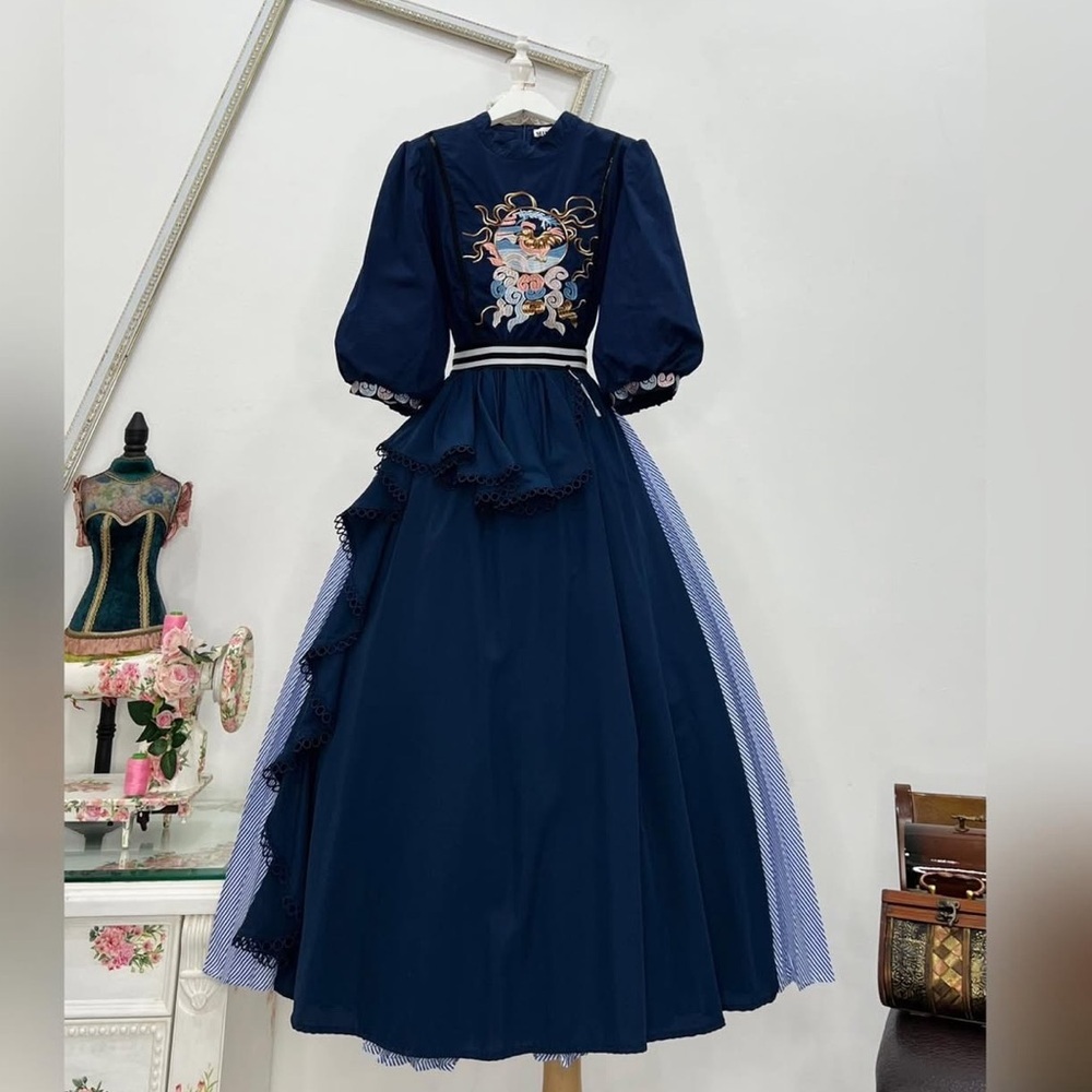 Elegant Navy Blue Embroidered 2 piece ( shirt‎ & skirt)